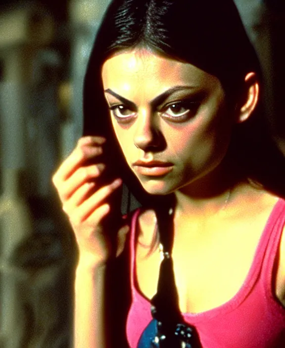 Image similar to acid-processed film still of 18 year old Mila Kunis as Juliet from Romeo and Juliet looking at the camera with tired eyes. soft detailed film still at 16K resolution and amazingly epic visuals. epically luminous image. amazing lighting effect, image looks gorgeously crisp as far as it's visual fidelity goes, absolutely outstanding image. perfect film clarity. ultra image detail. iridescent image lighting. mind-breaking atmosphere. mega-beautiful pencil image shadowing. beautifully serene face. Ultra High Definition image. soft image shading. soft image texture. intensely beautiful image. large format picture. intricately detailed with Norse runes.