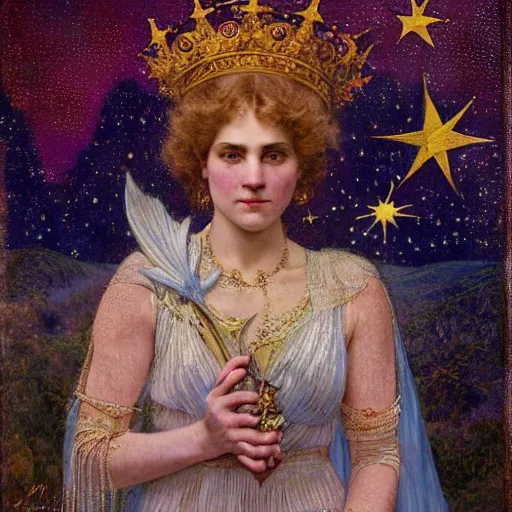 Image similar to the queen of the moon and the stars in full regalia, by Annie Swynnerton and Tino Rodriguez and Maxfield Parrish, elaborately costumed, rich color, dramatic cinematic lighting, extremely detailed