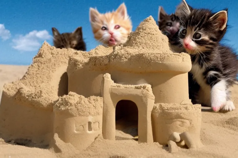 Image similar to kittens touching a sand castle