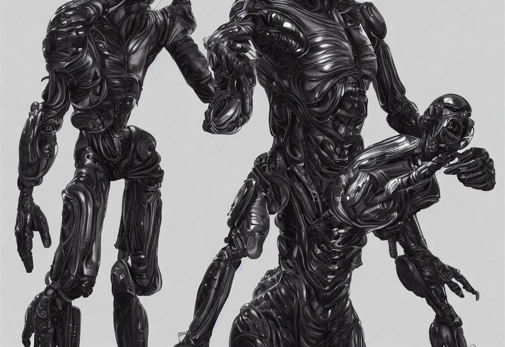 Prompt: alien character wearing a gantz suit, award - winning full body character art, artstation, highly detailed
