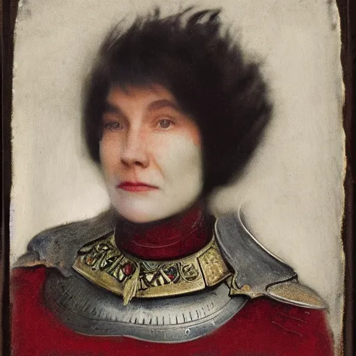 Prompt: head and shoulders portrait of a female knight, inuk, hussar, tonalist, symbolist, realistic, ambrotype, baroque, detailed, modeled lighting, vignetting, turquoise and venetian red, angular, smiling, raven