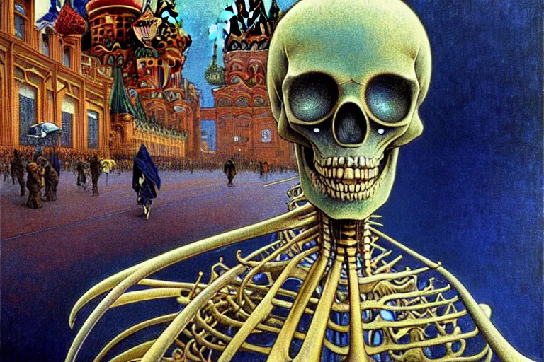 Image similar to realistic detailed closeup portrait painting of a single skeleton wearing a cape in a crowded futuristic moscow street by Jean Delville, Amano, Yves Tanguy, Alphonse Mucha, Ernst Haeckel, Edward Robert Hughes, Roger Dean, rich moody colours, blue eyes