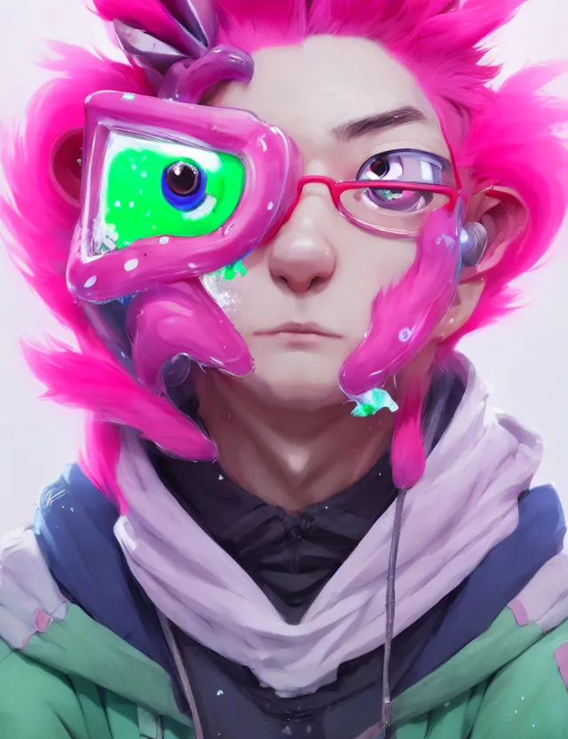 Image similar to a beautiful headshot portrait of a cute splatoon anime male with pink hair and pink wolf ears green eyes piercings wearing a hoodie. character design by cory loftis, fenghua zhong, ryohei hase, ismail inceoglu and ruan jia. artstation, volumetric light, detailed, photorealistic, fantasy, rendered in octane