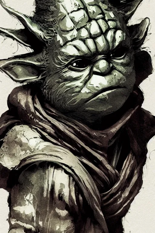 Image similar to star wars illustrated by yoji shinkawa, yoda, kenobi, mandalorian, ink, digital painting, highly detailed, trending on artstation, sharp focus, illustration, concept art, norman rockwell