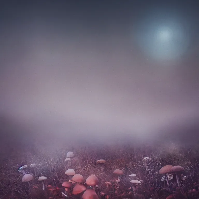 Image similar to a planet of various fungus, mushrooms and plants, inside the picture is infinity, sunset light, Atmospheric phenomenon, artistic photography, muted colors, conceptual, long exposure outside the city, volumetric light