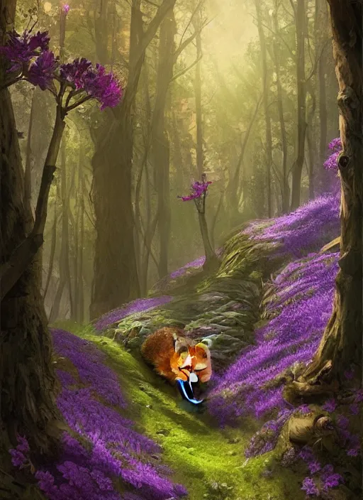 Image similar to Magical fox, sneaking in a forest, fantasy, painting, violet flowers, illustration, high quality, highly detailed, Marc Simonetti, Andreeva Katerina