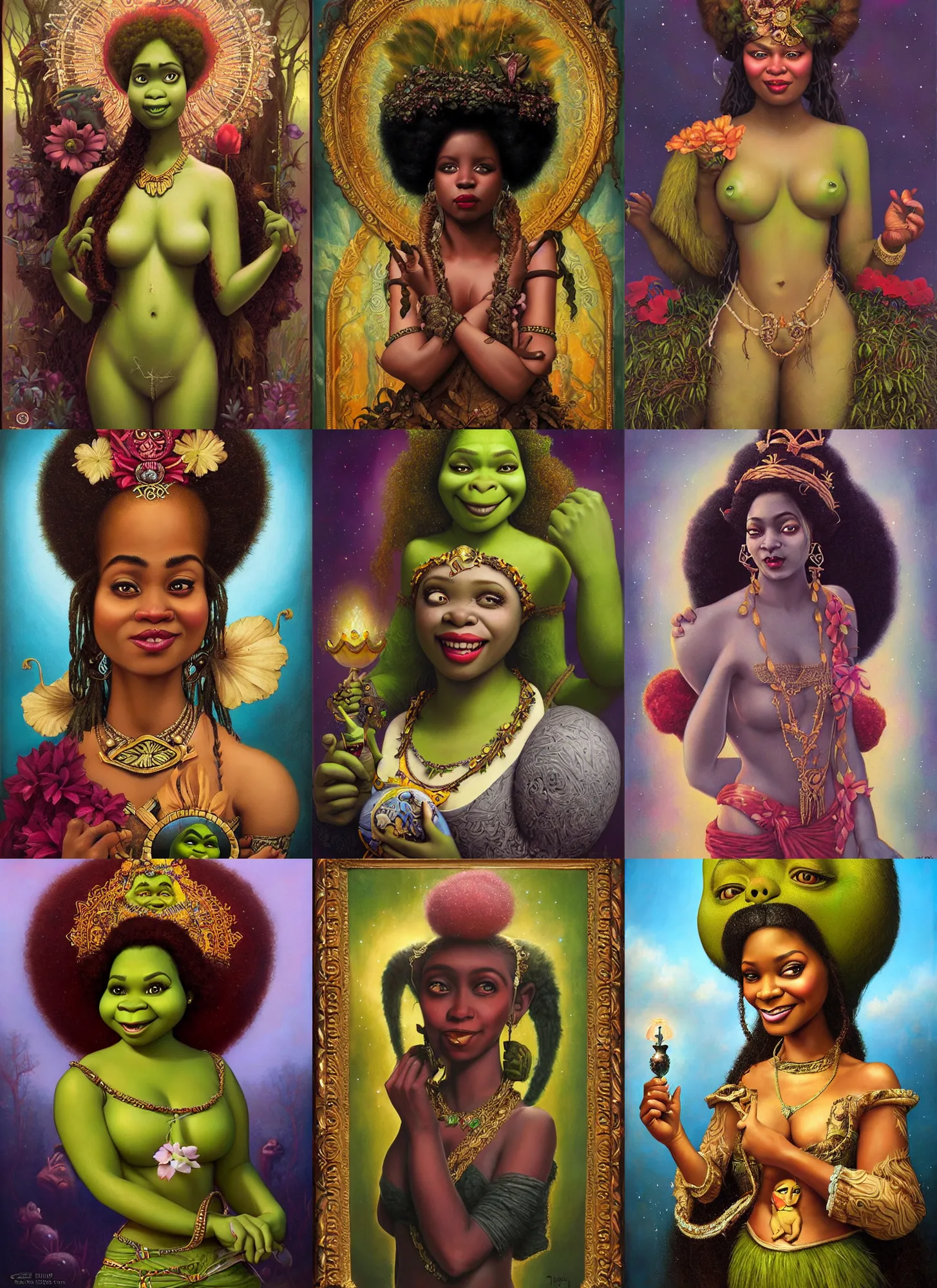 Prompt: shrek as an afro - caribbean goddess, art by tom bagshaw