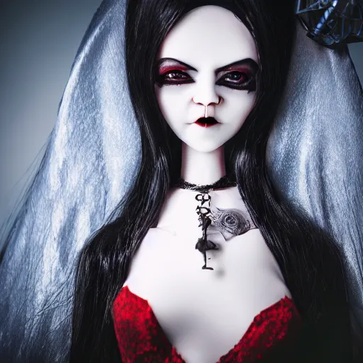 Image similar to lovely realistic robotic ball jointed high end vampire doll with fashion and cute accessories, inside gothic doll manor bedroom, god rays, dust particles, photorealistic, aesthetic shot, worms eye view, macro camera lens, high definition, thematic, cinematic, lens flare