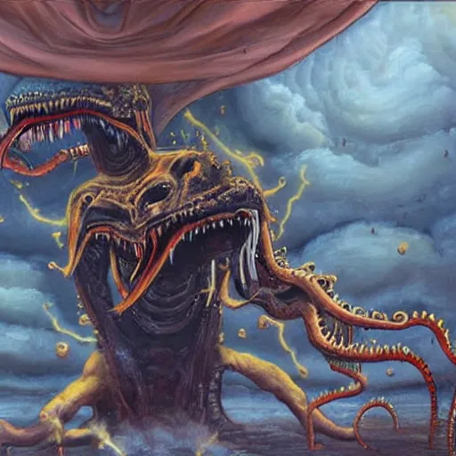 Image similar to The painting is in an animated style, with highly realistic detail. It depicts a scene from a Lovecraftian story, in which an evil creature is attacking a human. The creature is big and menacing, with sharp teeth and claws.