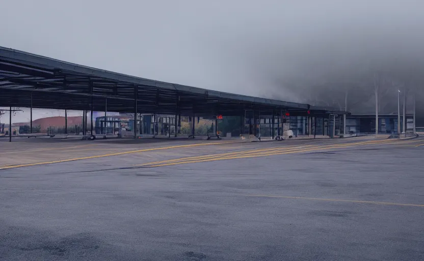 Prompt: wide exterior of the port byron travel plaza bus station in upstate buffalo new york, moody scene directed by charlie kaufman ( 2 0 0 1 ), anamorphic lenses, kodak color film stock, foggy volumetric light morning, cinematic trending on artstation