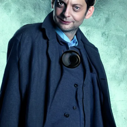 Image similar to tobey maguire as a rough dirty old man with a scruffy beard in a dark blue trenchcoat as the new doctor who, cinematic, volumetric lighting, f 8 aperture, cinematic eastman 5 3 8 4 film, photorealistic