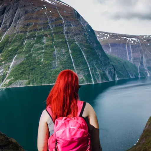 Image similar to a young woman with long pink hair looking at fjords, hiking clothes, tank top, backpack, norway, fjords in background, cinematic, beautiful, stunning, day time, epic, 8 k, 1 6 : 9