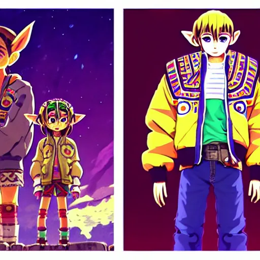 Image similar to majora majora's mask wearing oversized mayan bomber jacket with overalls, bulky poofy bomber jacket with mayan patterns, aztec street fashion, botw art style, gapmoe yandere grimdark, trending on pixiv fanbox, painted by greg rutkowski makoto shinkai takashi takeuchi studio ghibli, akihiko yoshida