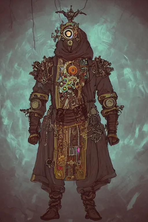 Prompt: beautiful calm bright ai generated fullbody character illustration of a very old timetraveller highpriest in ornated wooden armor and decorated sacred outfit and heavily equipped with steampunk cyberwares. rendered by machine.delusions. inspired by: @machine.delusions on instagram. Slightly reminds to ghibli studio style. Fullbody portrait uncut centered cinematic, dramatic pose medieval combined with steampunk