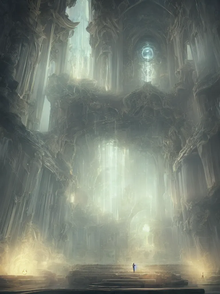 Image similar to a dream temple environment where one draws mystical energy into their heart and finds the secret to the infinite lives they have lived thus far, ancient ceremonial futuristic architecture, pristine concept art, symmetrical, in the style of Ross Tran and WLOP