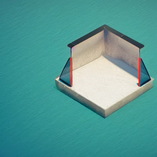 Prompt: geometric 3 d objects above ocean, sea line, vray render