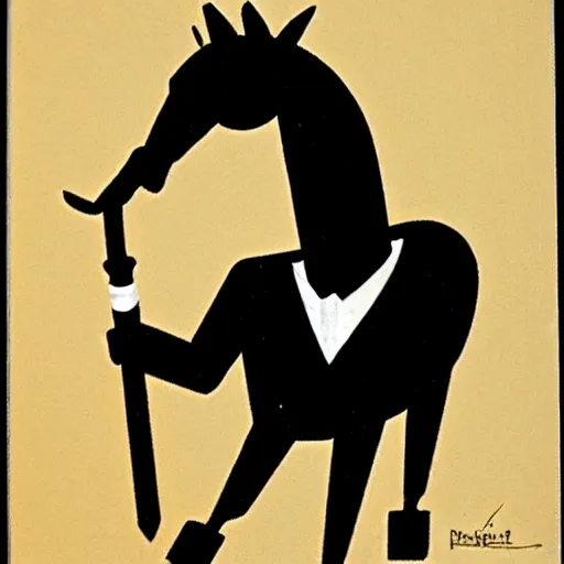 Image similar to an antropomorphic horse wearing a suit smoking a cigar