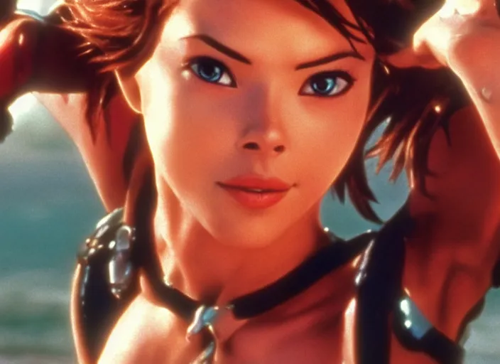 Image similar to a film still of a waman called tracer from overwatch in baywatch ( 1 9 8 9 )