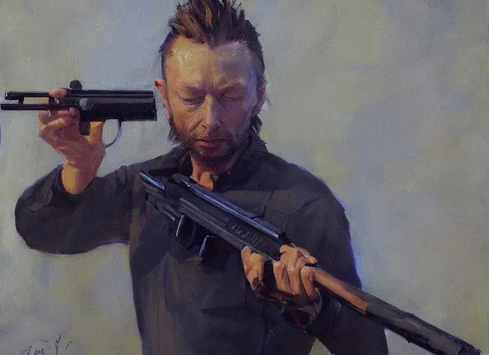 Image similar to a highly detailed beautiful portrait of thom yorke shooting a gun, by gregory manchess, james gurney, james jean