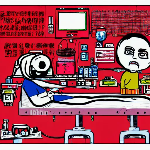 Image similar to chinese surgery operating table, in the style of daniel johnston and outsider art, 8k, line brush, overlaid with chinese adverts