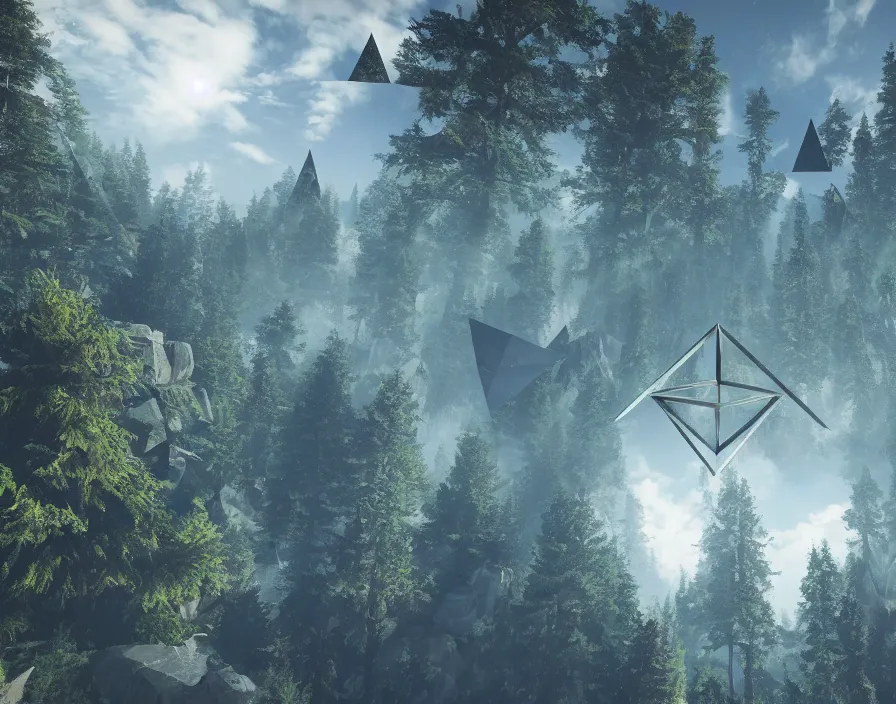 Prompt: flying geometric bringing triangle in center, forest, beautiful graphics, fantasy artwork, very beautiful scenery, hd, hdr, ue 5, ue 6, unreal engine 5, cinematic 4 k wallpaper, 8 k, ultra detailed, by popular digital, details, beautiful image ever created, high resolution, artstation, award winning