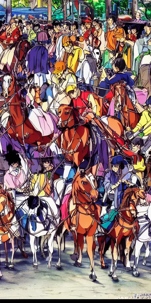 Prompt: a chariot drawn by horses in tokyo, 1990s anime, full color,