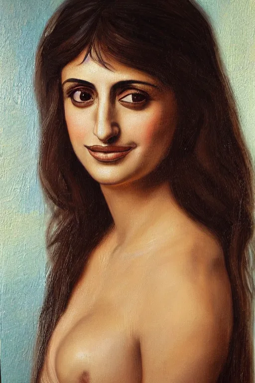 Prompt: oil painting, portrait of penelope cruz, artwork by leonardo da vinci