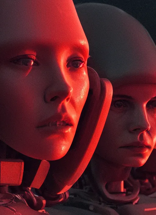 Image similar to cinestill 5 0 d photographic portrait of two loving female androids wearing rugged black techwear on a desolate plain with a red topographic holographic sky, extreme closeup, cyberpunk style, dust storm, 8 k, hd, high resolution, 3 5 mm, f / 3 2, ultra realistic faces, ex machina