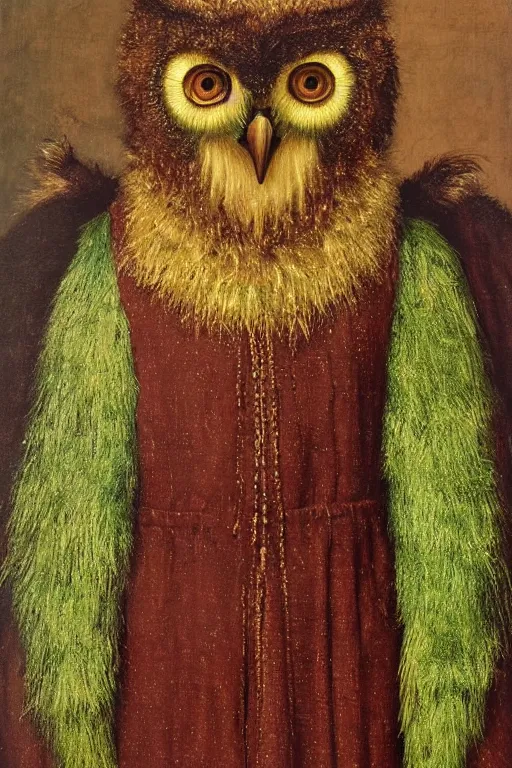 Prompt: portrait of humanoid iridescent green owlbear wearing a loose tunic. an anthropomorphic owlbear. fantasy, oil painting by jan van eyck, northern renaissance art, oil on canvas, wet - on - wet technique, realistic, expressive emotions, intricate textures, illusionistic detail