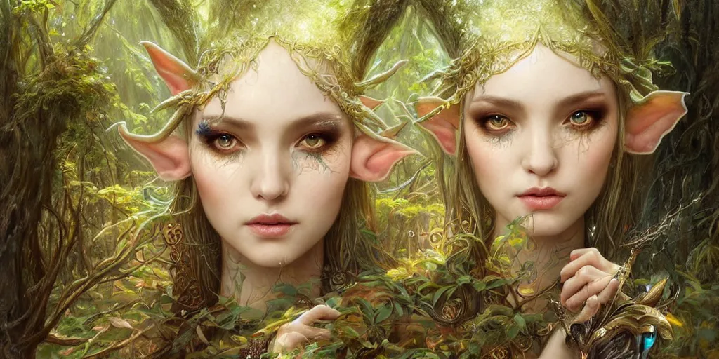 Image similar to a portrait of a female elf sorceress bathing in a forest lake by karol bak and jia ruan, beautiful detailed eyes, cute, fantasy, intricate, elegant, highly detailed, digital painting, 4 k, hdr, concept art, detailed jewelry, smooth, sharp focus, illustration, art by artgerm
