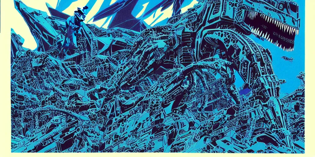 Prompt: risograph rendition of extremely - detailed black gigantic evangelion - like dinosaur mecha with a lot of blue children heads on it, ominous, intricate complexity, dramatic, epic composition, atmospheric, painting by moebius