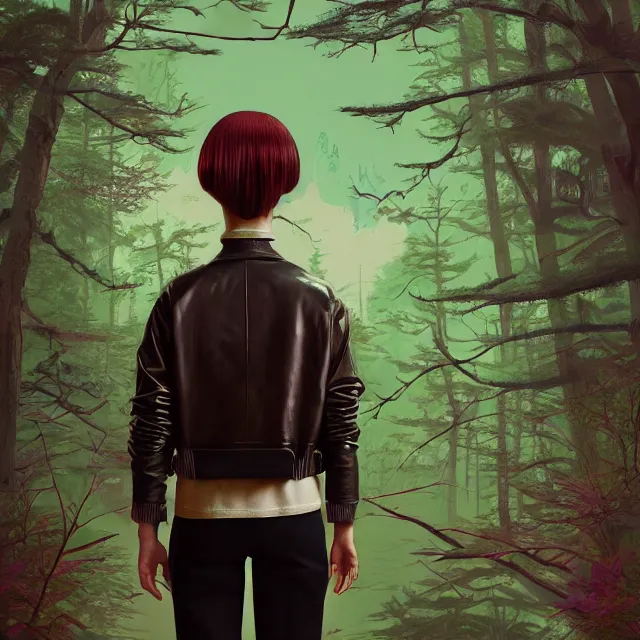 Image similar to portrait of alone androgynous girl wearing bakelite leather jacket, bakelite rocky mountains, moss green japanese haunted forest background, ultrafine hyperdetailed illustration by hsiao - ron cheng and artgerm, modular synthesizer 8 0 s sony stereo helmet backpack, the grand budapest hotel, glow, no crop, digital art, artstation, pop art