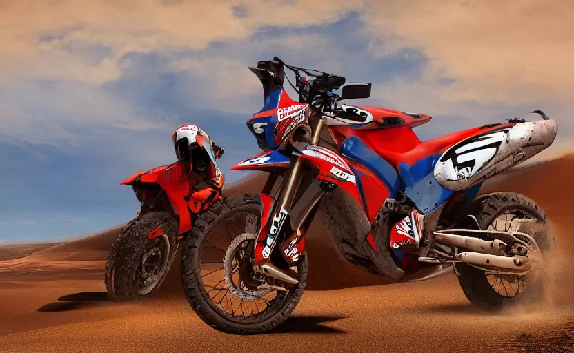 Image similar to prototype of dakar motorbike, dakar race, sand and desert in background, symmetrical mechanical features, off - road, designed by professional, fog and dirt, industrial design, brushed red and blue paint, hard surfaces modelling, dramatic lighting, hyper realistic rendering, octane, depth of field, bokeh effect, 4 k