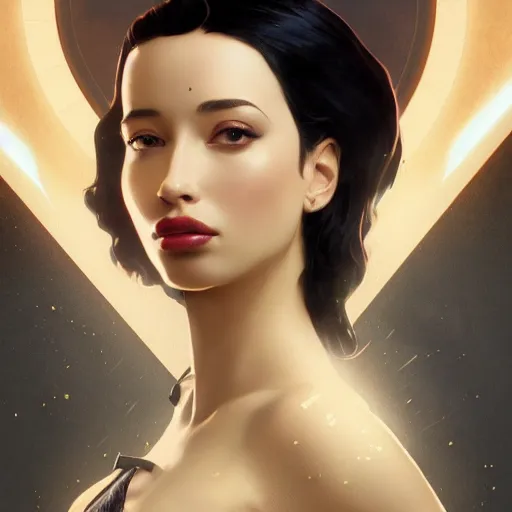 Image similar to christian serratos as zatanna by leonardo divinci, greg rutkowski, alphonse mucha, mystical cosmic lighting, octane render, artstation, rey tracing, golden ratio, rule of thirds, perfect composition