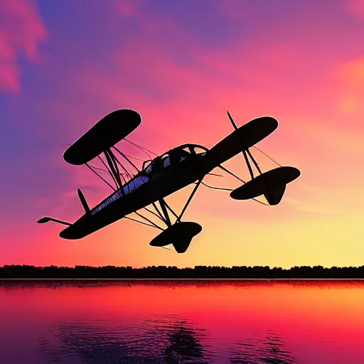 Image similar to a small engine biplane taking off over a lagoon in Thailand, sunset, synthwave, highly detailed, Ultra HD, unreal engine,