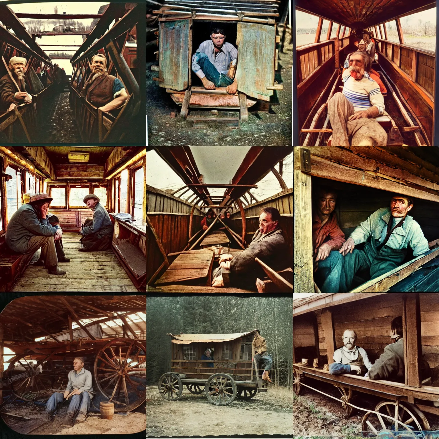 Prompt: photo from inside the wagon, in the center of the frame stands one calm man up to his chest in water and looks at the camera. warm lighting, old color photo, ussr, extremely detailed, 8 k, vintage color