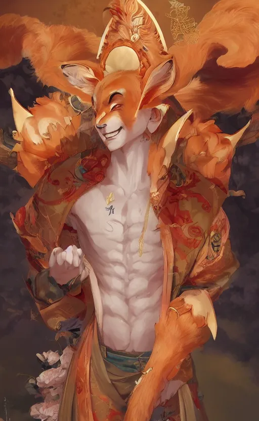 Image similar to An beautiful digital painting of a beautiful man with fox ears and nine tails wearing a kimono, by Stanley Artgerm Lau, WLOP, Rossdraws, James Jean, Andrei Riabovitchev, Marc Simonetti, and Sakimichan, tranding on artstation, SFW version