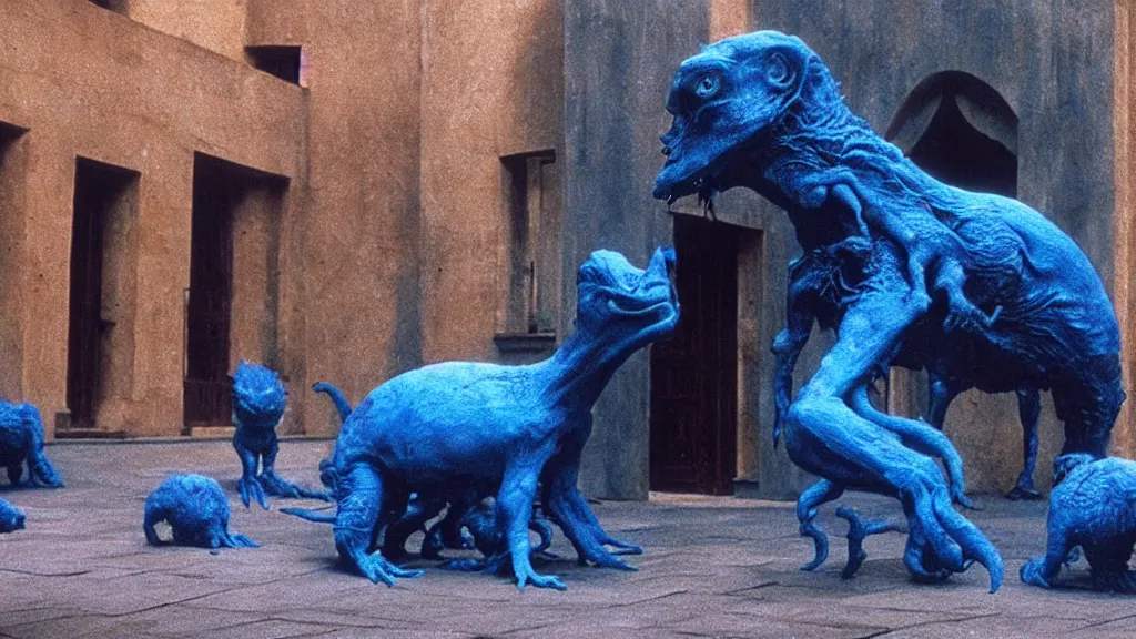 Prompt: the square creature in courtyard, made of blue liquid, surrounded by animals, film still from the movie directed by denis villeneuve and david cronenberg with art direction by salvador dali and zdzisław beksinski, wide lens