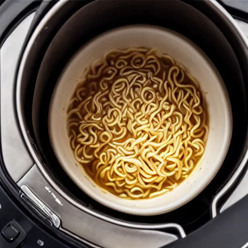 Prompt: Cooking ramen noodle soup in an airfryer, photo