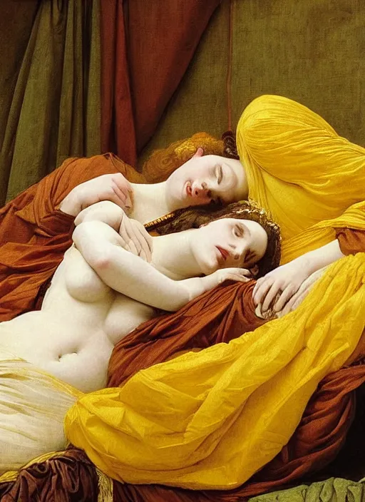 Image similar to masterpiece portrait of hybrid sarah siddons and lisa minelli and maya hawke, reclining on bed, flowing cloth floating in the wind, wearing yellow ochre ornate medieval dress, vertical, foreshortening, colour photography by frederic leighton, william morris, 8 k