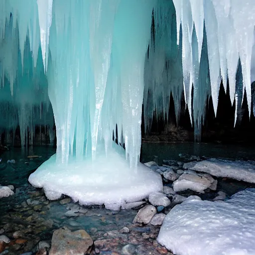 Image similar to ice cave with low ceiling and narrow rough river running through it, surreal, icicles,