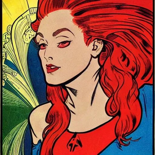 Image similar to a woman with red hair. she is a superhero, wearing a superhero costume. well composed, clean elegant painting, beautiful detailed face. retro comic book art by steve ditko and jack kirby and ( alphonse mucha )