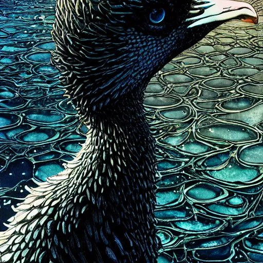 Image similar to closeup of black swan melting, by yoichi hatakenaka, masamune shirow, josan gonzales and dan mumford, ayami kojima, takato yamamoto, barclay shaw, karol bak