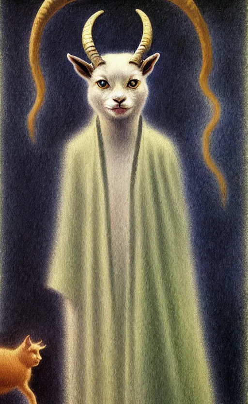 Prompt: a bipedal cat that has two goat horns and is wearing robes, matte oil painting, by georges seurat, d & d, character reveal, fantasy, concept art, cosmic, magical, fog, noble, full body portrait, intricate, ornate, extremely detailed, cult, ritual, sharp focus, 4 k, 8 k