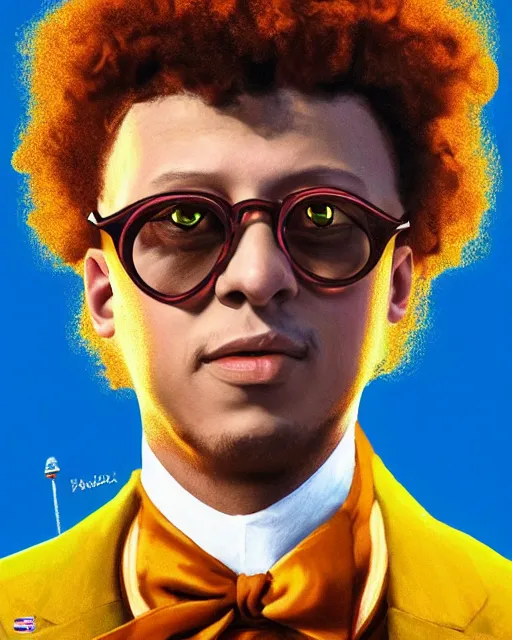 Prompt: Patrick Mahomes as Willy Wonka, digital illustration portrait design, detailed, gorgeous lighting, dynamic portrait