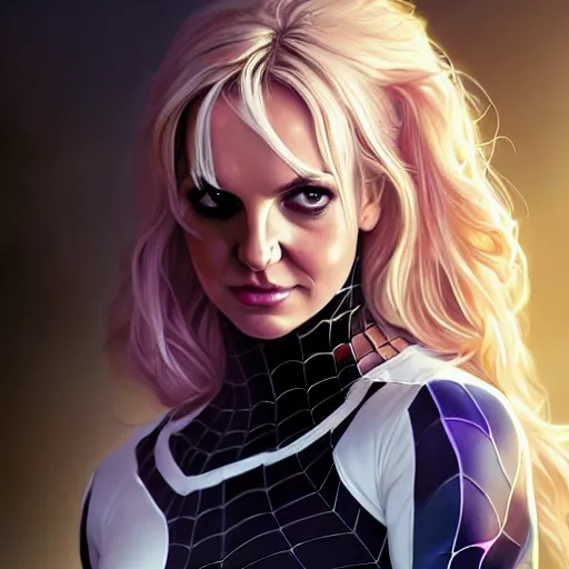 Image similar to beautiful britney spears as spider - gwen, western, closeup, d & d, fantasy, intricate, elegant, highly detailed, digital painting, artstation, concept art, matte, sharp focus, illustration, art by artgerm and greg rutkowski and alphonse mucha