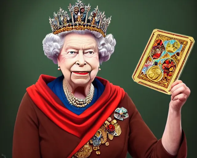 Prompt: hrh queen elizabeth making very funny and silly faces, photography of kurzgesagt, deep focus, d & d, fantasy, intricate, elegant, highly detailed, digital painting, artstation, concept art, matte, sharp focus, illustration, hearthstone, art by artgerm and greg rutkowski and alphonse mucha