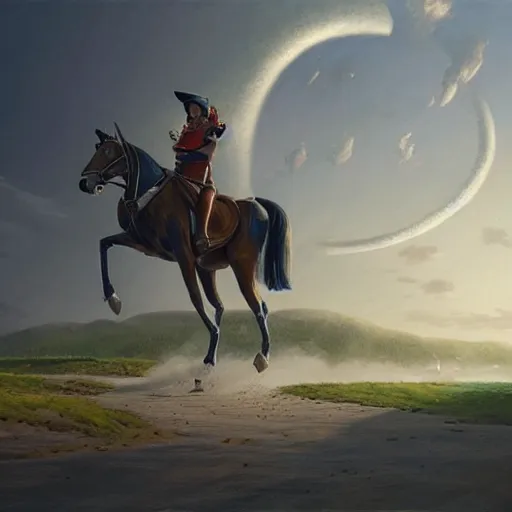 Image similar to a painting of a person riding a horse on a road, concept art by chris labrooy, cgsociety, retrofuturism, sci - fi, concept art, futuristic