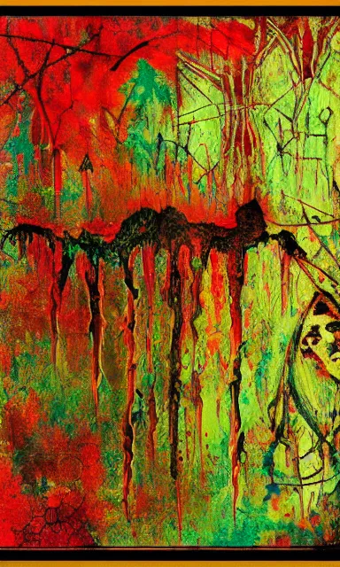 Prompt: deep decaying bleeding colors, dark art painted by a devil, witch patterns and layout