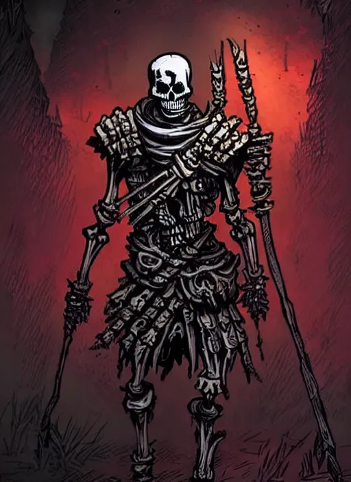 Prompt: concept art of a twisted skeleton warrior wearing light armour in darkest dungeon, highly detailed, dark atmosphere, cosmic horror, body horror, lovecraft mythos, key character poster